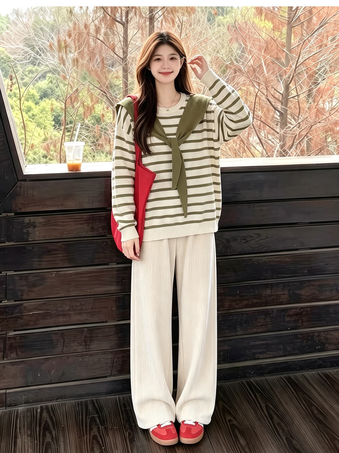 출산 착용 스웨터 와이드 레그 팬츠 세트 봄 가을 맨위 루즈핏 캐주얼 외국 가스 연령 감소 긴팔 상세 이미지 8