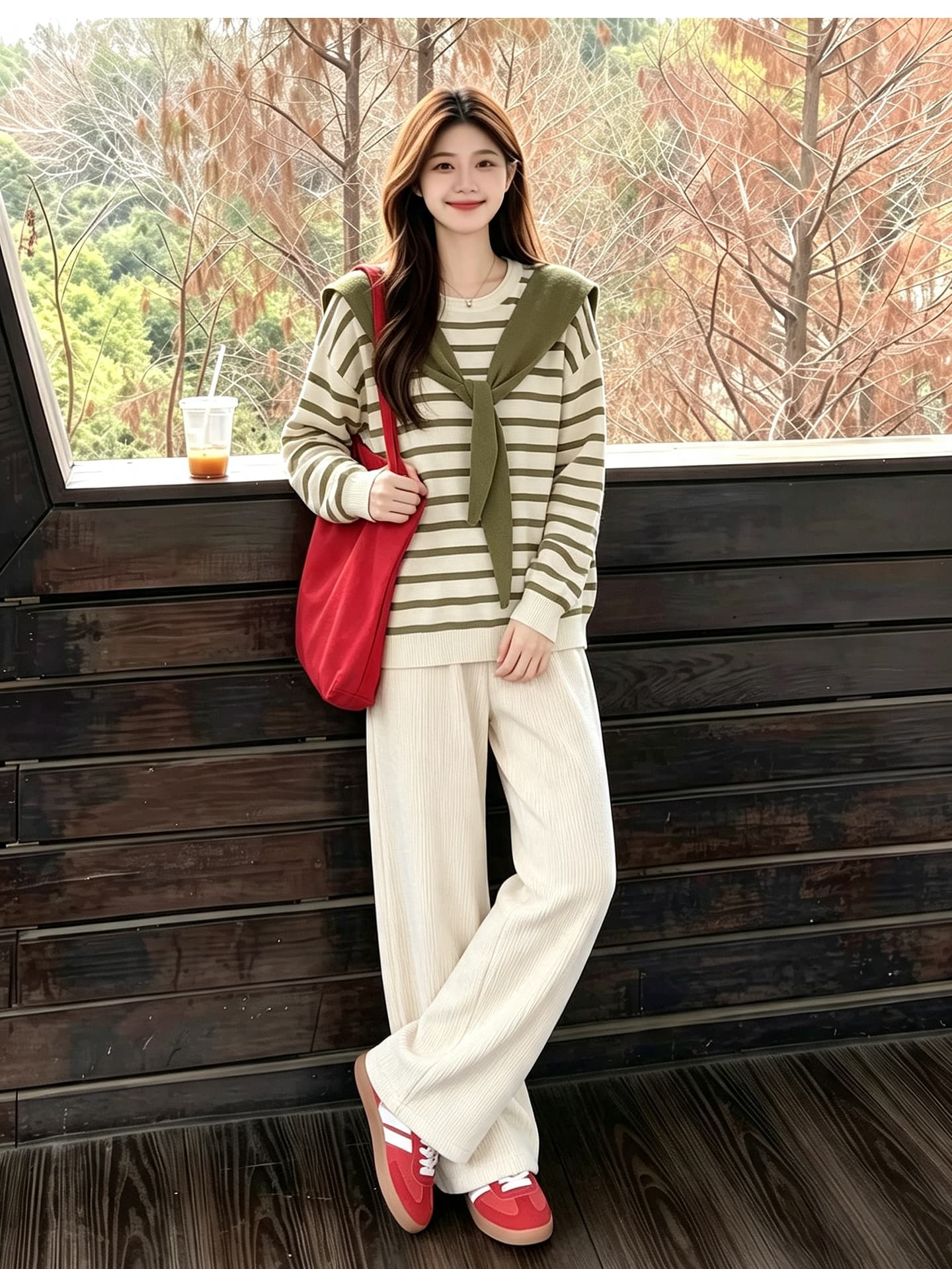 출산 착용 스웨터 와이드 레그 팬츠 세트 봄 가을 맨위 루즈핏 캐주얼 외국 가스 연령 감소 긴팔 상세 이미지 10