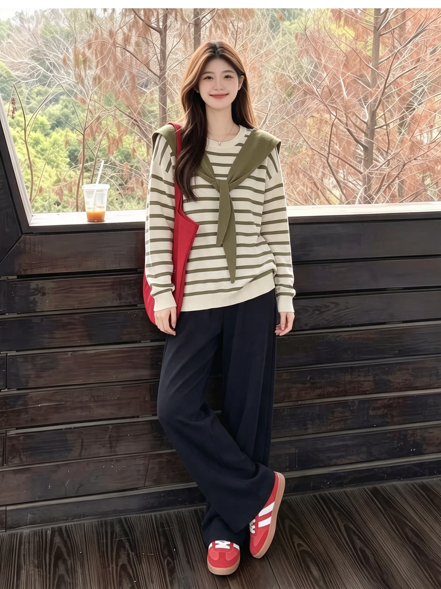 출산 착용 스웨터 와이드 레그 팬츠 세트 봄 가을 맨위 루즈핏 캐주얼 외국 가스 연령 감소 긴팔 상세 이미지 13