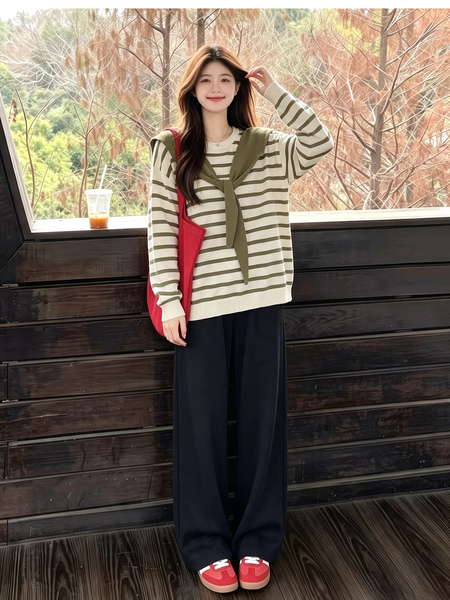 출산 착용 스웨터 와이드 레그 팬츠 세트 봄 가을 맨위 루즈핏 캐주얼 외국 가스 연령 감소 긴팔 상세 이미지 14