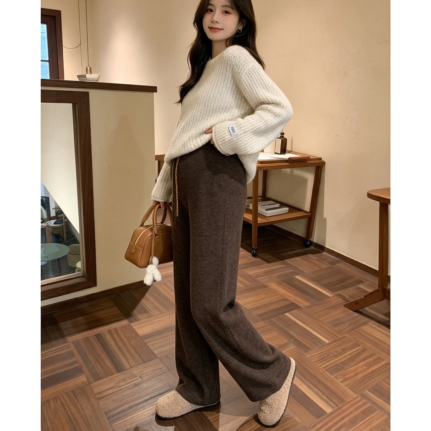 임산부 와이드 레그 팬츠 외출용 아세트산 양모 임산부 바지 봄과 가을 루즈핏 빅 사이즈 이미지 3