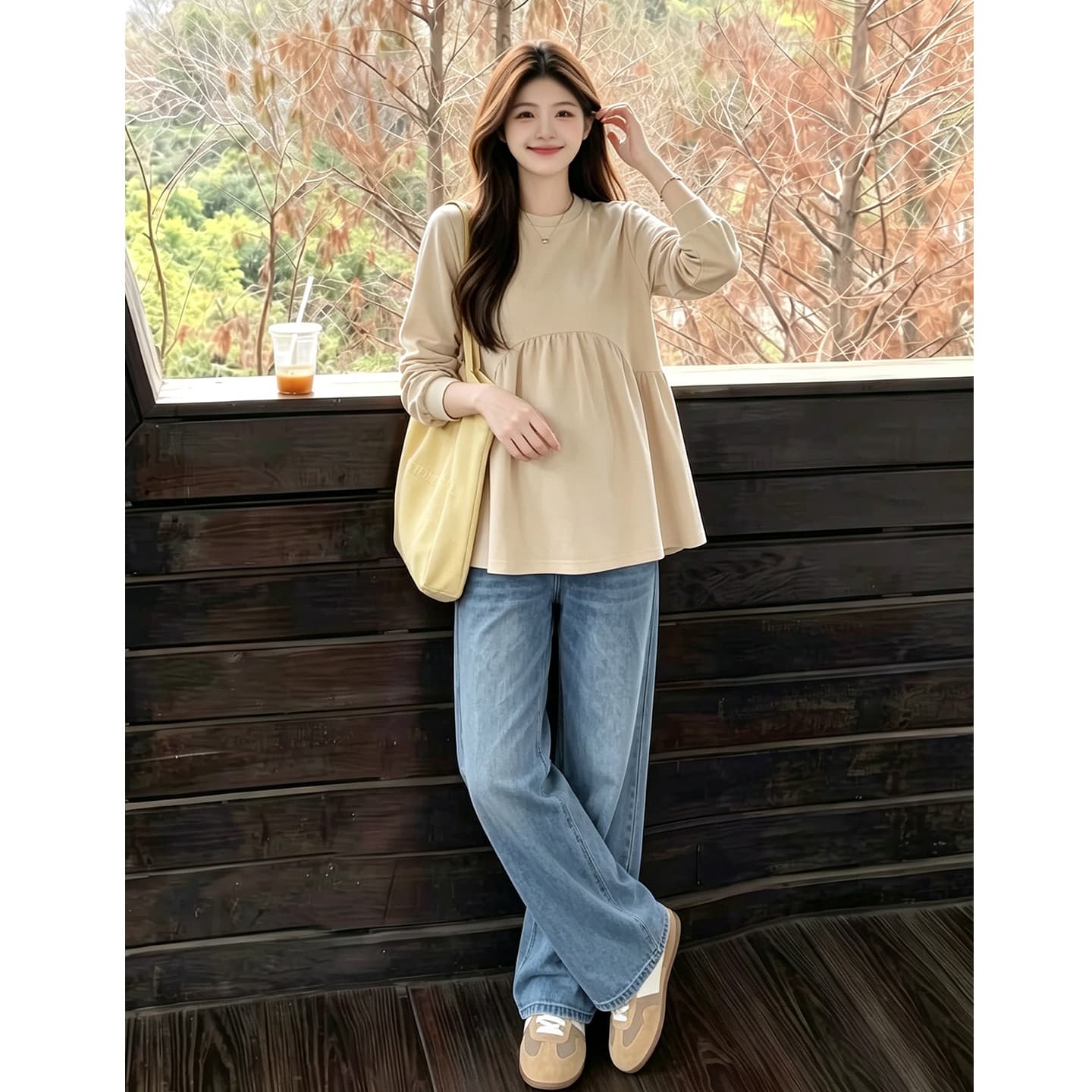 임산부 가을 의상 긴팔 외출용 루즈핏 세트 캐주얼 맨위 이미지 4