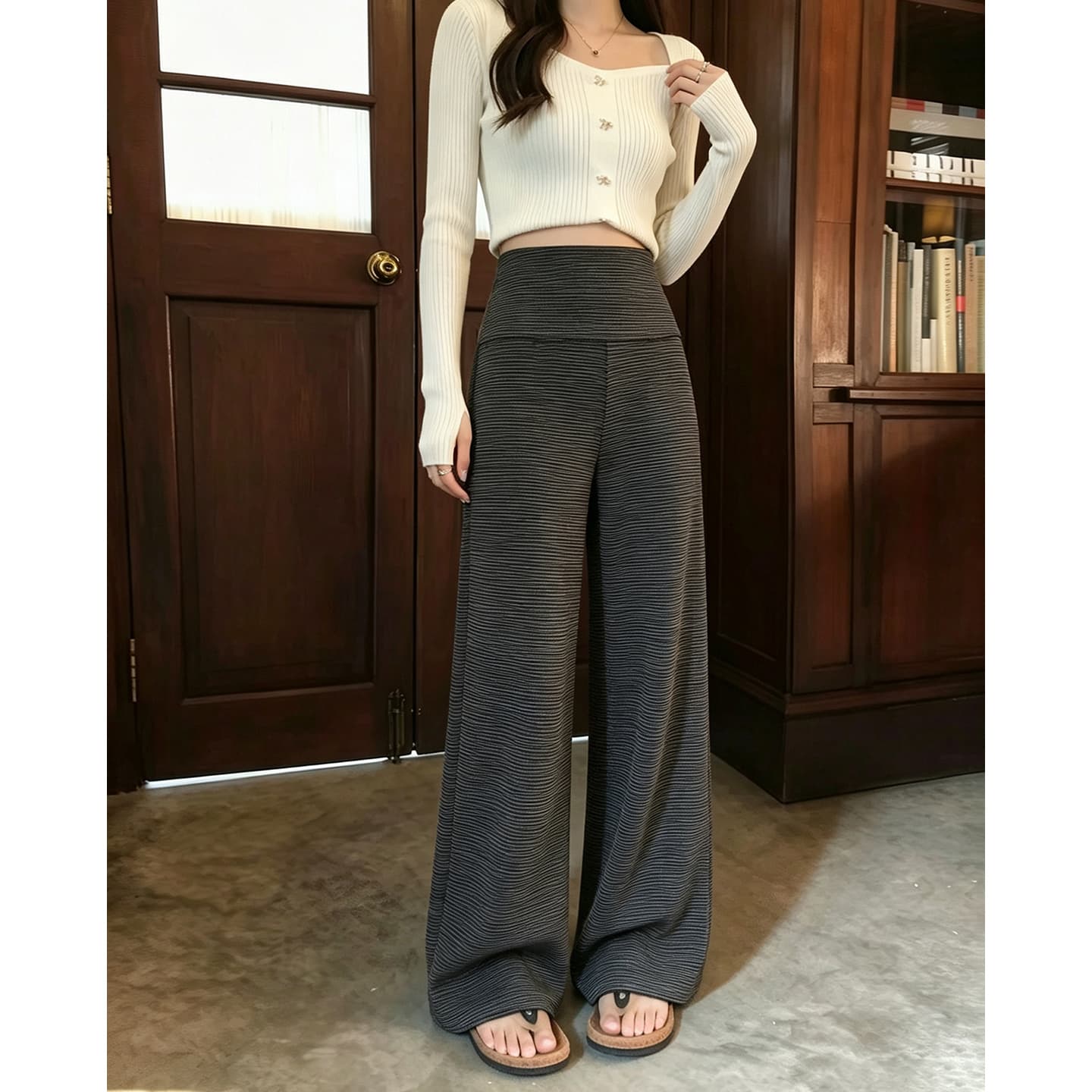 임산부 바지 외출용 봄과 가을 없음 복부 지지 루즈핏 빅 사이즈 와이드 레그 팬츠 긴 바지 이미지 3