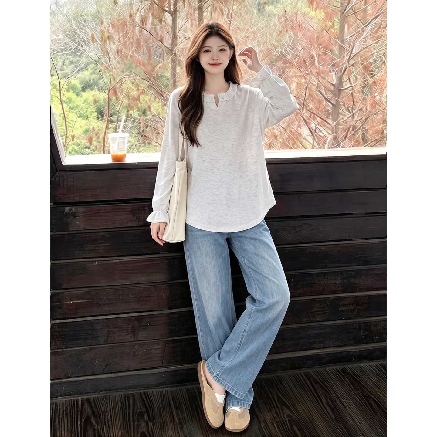 출산 착용 프릴 임산부 맨위 봄 가을 루즈핏 캐주얼 외국 가스 연령 감소 중간 길이 긴팔 이미지 4