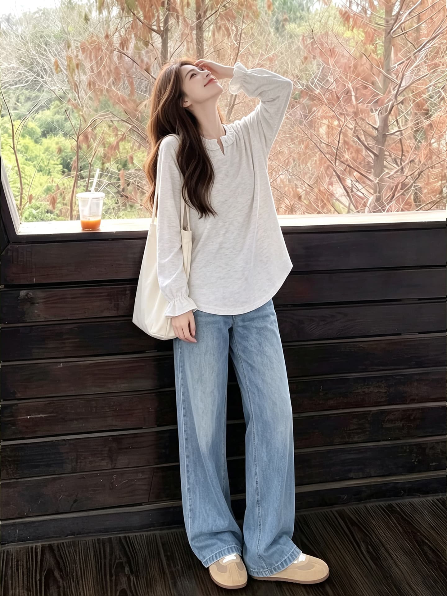출산 착용 프릴 임산부 맨위 봄 가을 루즈핏 캐주얼 외국 가스 연령 감소 중간 길이 긴팔 상세 이미지 5