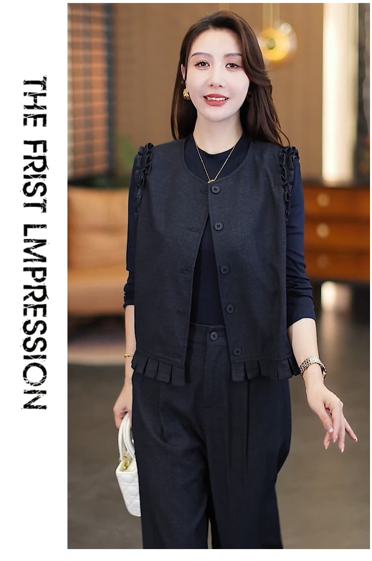 실사 2026 가을 새로운 고급 센스 슬림해 보이는 연령 감소 민소매 요금 레이스 베스트 기본 셔츠 와이드 레그 팬츠 3종 세트 상세 이미지 16