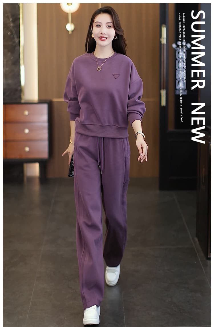 실사 패션 세트 2026 가을 새로운 캐주얼 미니멀리즘 연령 감소 슬림해 보이는 라운드 넥 후드티 와이드 레그 팬츠 투피스 세트 상세 이미지 1