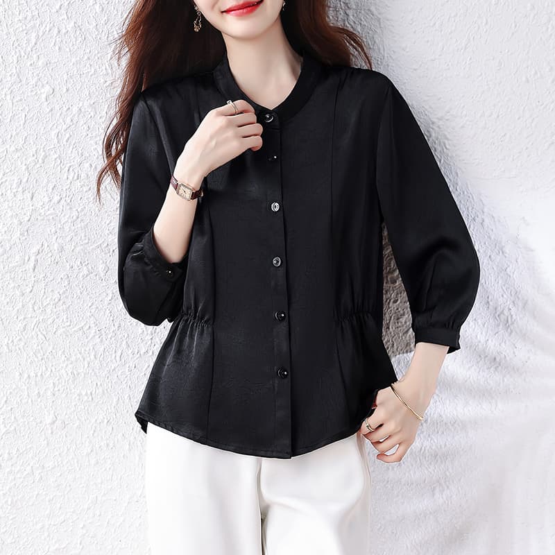 2026 가을 새로운 싱글 줄 버튼 스탠드 칼라 플리츠 허리 수축 9부 소매 모방 아세트산 공단 편안함 셔츠 이른 가을 이미지 2