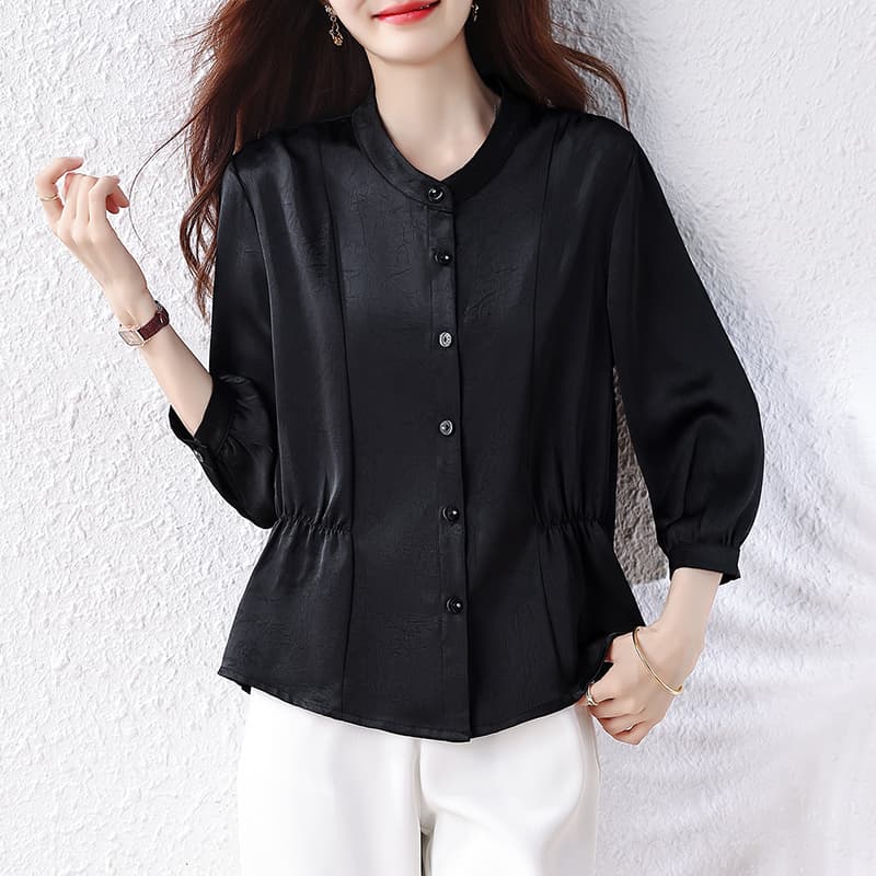 2026 가을 새로운 싱글 줄 버튼 스탠드 칼라 플리츠 허리 수축 9부 소매 모방 아세트산 공단 편안함 셔츠 이른 가을 이미지 5