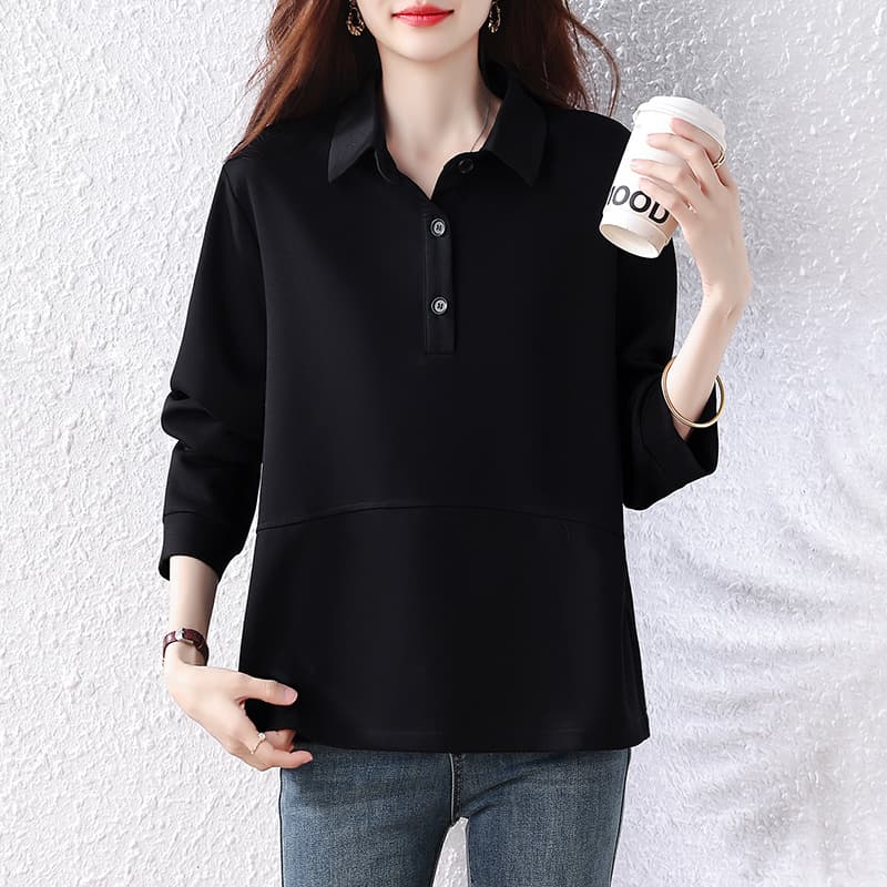빅 사이즈 검정색 POLO 칼라 후드티 여성 가을 2026 새로운 지방 mm 고급 센스 루즈핏 슬림해 보이는 셔츠 맨위 이미지 5