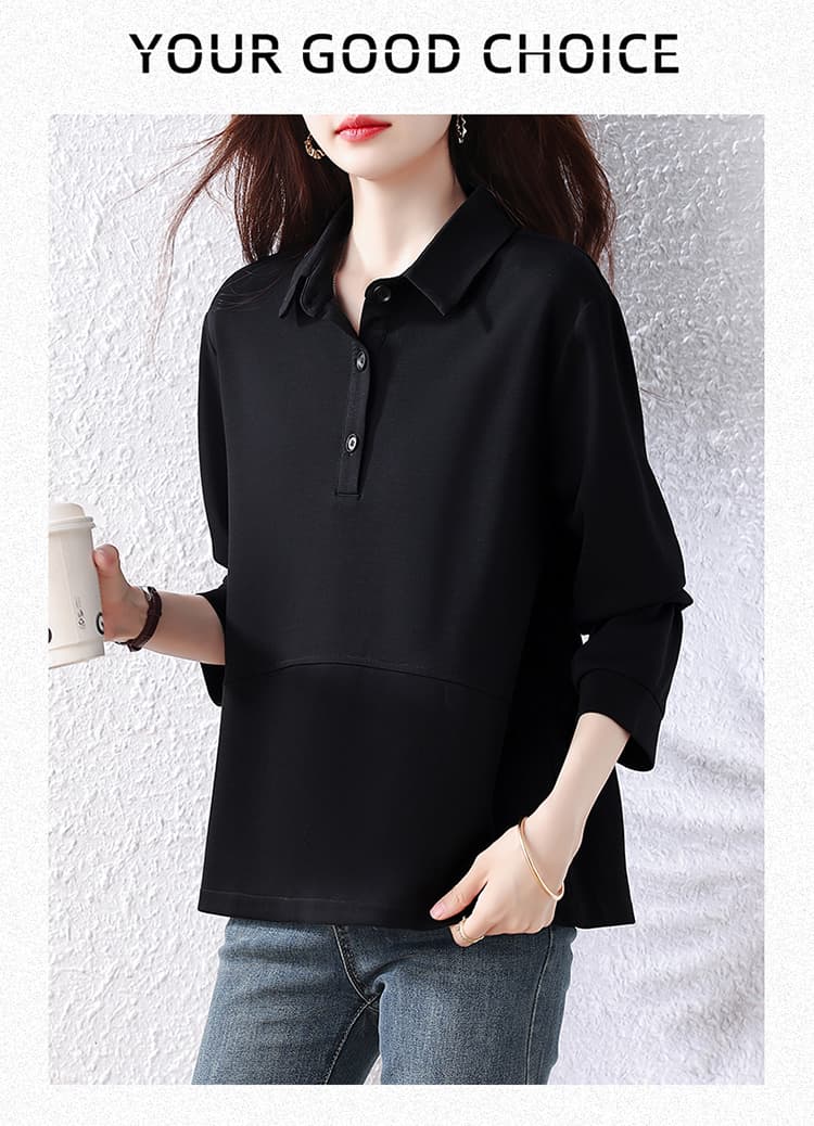 빅 사이즈 검정색 POLO 칼라 후드티 여성 가을 2026 새로운 지방 mm 고급 센스 루즈핏 슬림해 보이는 셔츠 맨위 상세 이미지 12