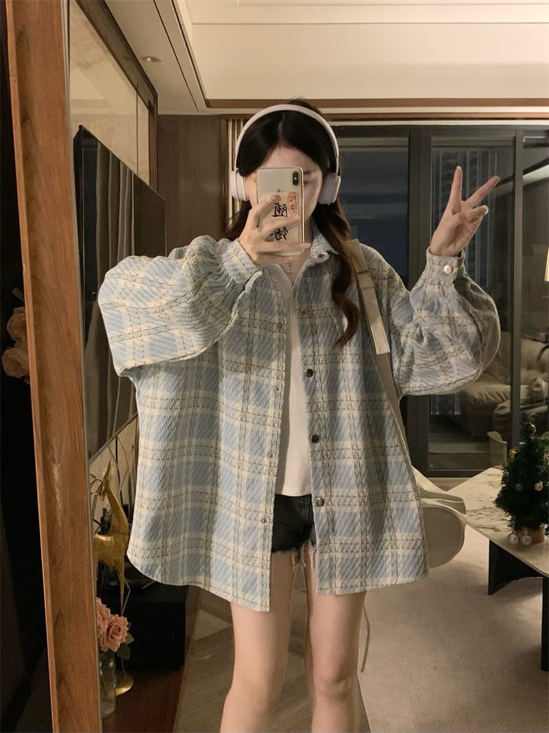 실사 빅 사이즈 봄 드레스 격자 무늬 셔츠 여성 코트 루즈핏 느긋한 바람 슬림해 보이는 고급 센스 POLO 칼라 맨위 상세 이미지 2