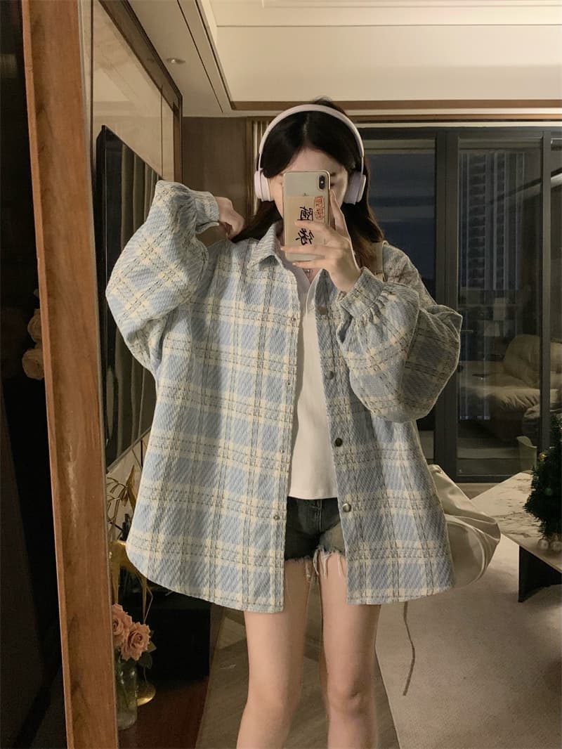 실사 빅 사이즈 봄 드레스 격자 무늬 셔츠 여성 코트 루즈핏 느긋한 바람 슬림해 보이는 고급 센스 POLO 칼라 맨위 상세 이미지 8