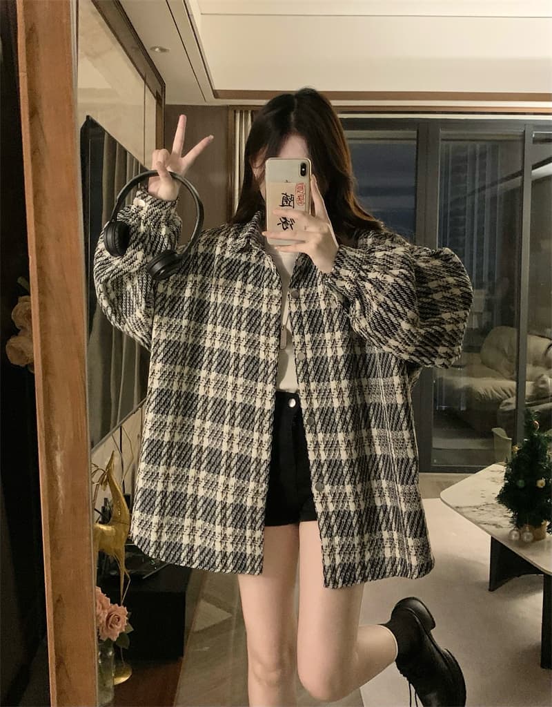 실사 빅 사이즈 봄 드레스 격자 무늬 셔츠 여성 코트 루즈핏 느긋한 바람 슬림해 보이는 고급 센스 POLO 칼라 맨위 상세 이미지 14