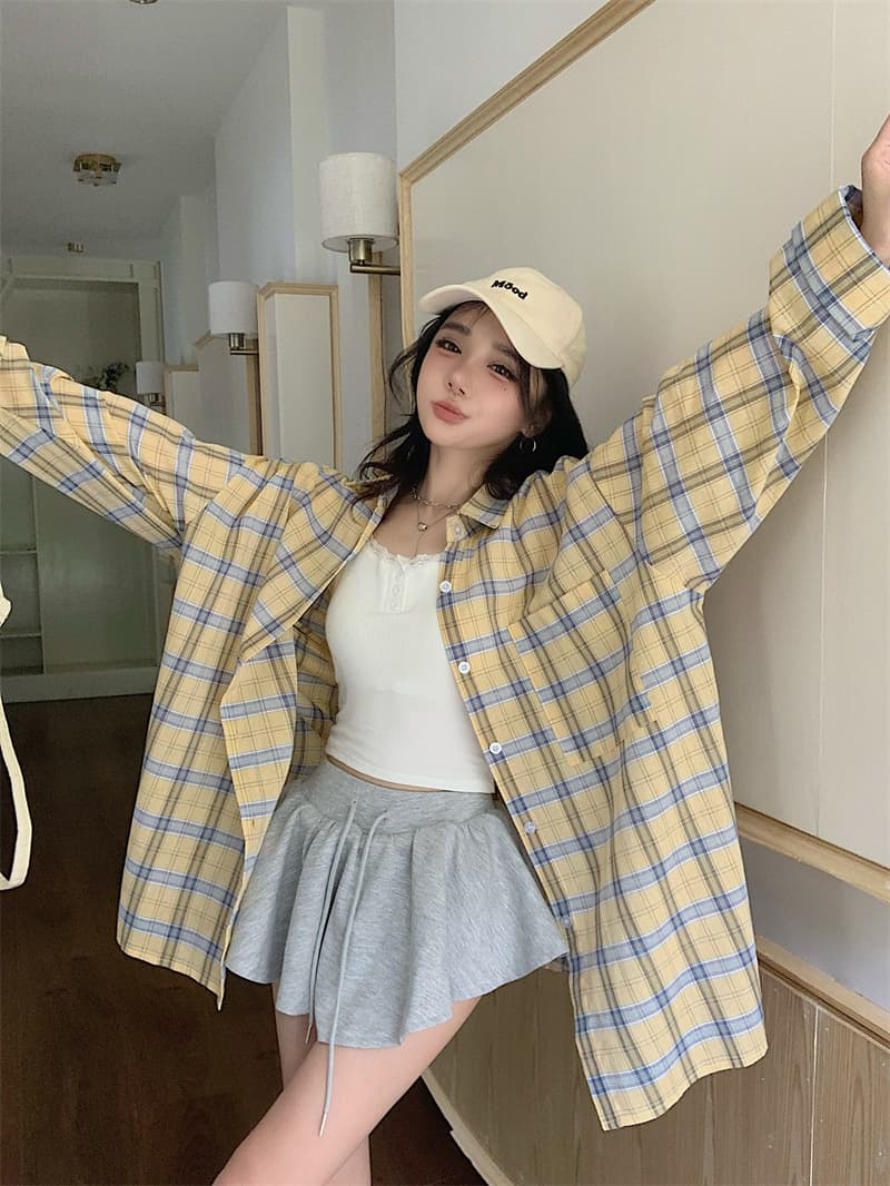 실사 빅 사이즈 자외선 차단 셔츠 느긋한 바람 조심해. 기계 디자인 센스 하트 배색 체크무늬 여성 셔츠 상세 이미지 2