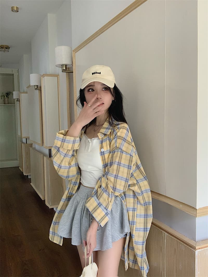 실사 빅 사이즈 자외선 차단 셔츠 느긋한 바람 조심해. 기계 디자인 센스 하트 배색 체크무늬 여성 셔츠 상세 이미지 17