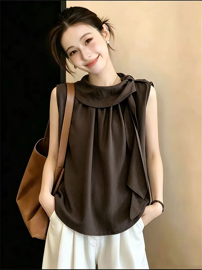 실사 빅 사이즈 디자인 센스 민소매 만나는 조끼 여성 셔츠 여름 지방 mm 슬림해 보이는 프랑스식 프릴 리본 맨위