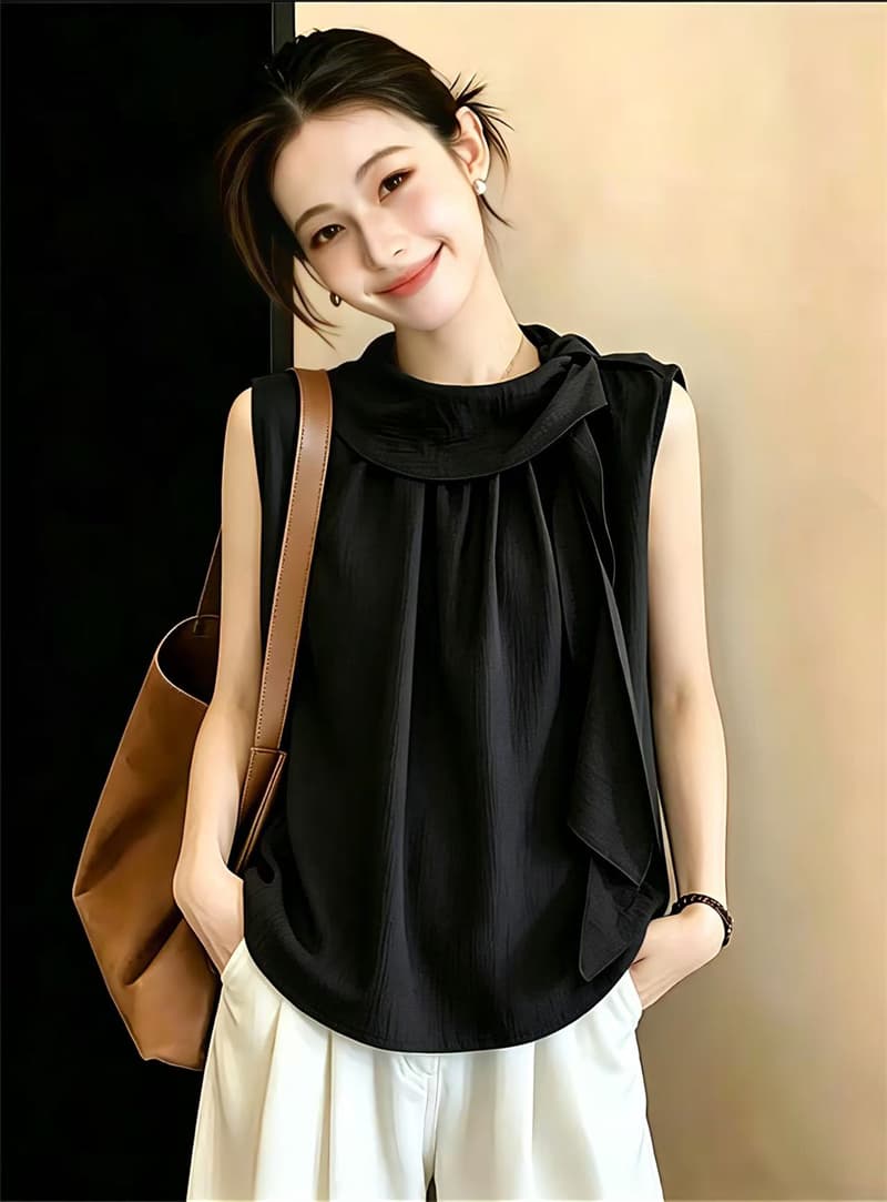 실사 빅 사이즈 디자인 센스 민소매 만나는 조끼 여성 셔츠 여름 지방 mm 슬림해 보이는 프랑스식 프릴 리본 맨위 이미지 2