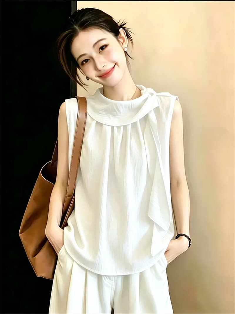 실사 빅 사이즈 디자인 센스 민소매 만나는 조끼 여성 셔츠 여름 지방 mm 슬림해 보이는 프랑스식 프릴 리본 맨위 상세 이미지 8