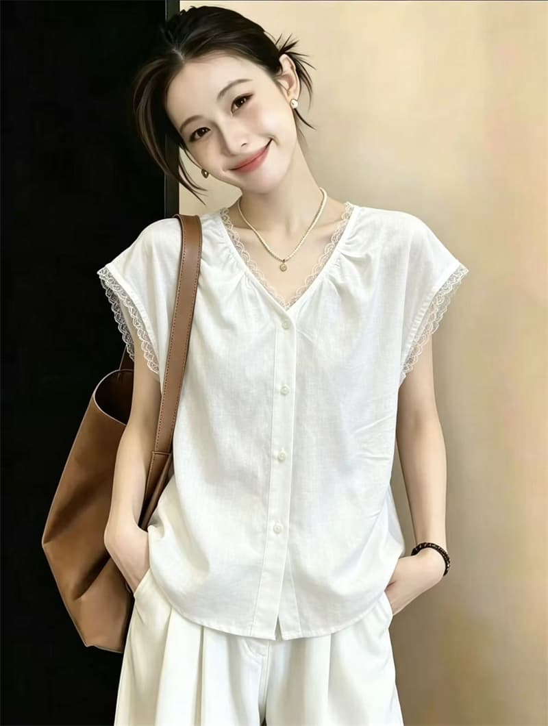 실사 빅 사이즈 여름 새로운 프랑스식 레트로 품격 V넥 여성 셔츠 미니멀리즘 작은 대중 Chic 셔츠 맨위