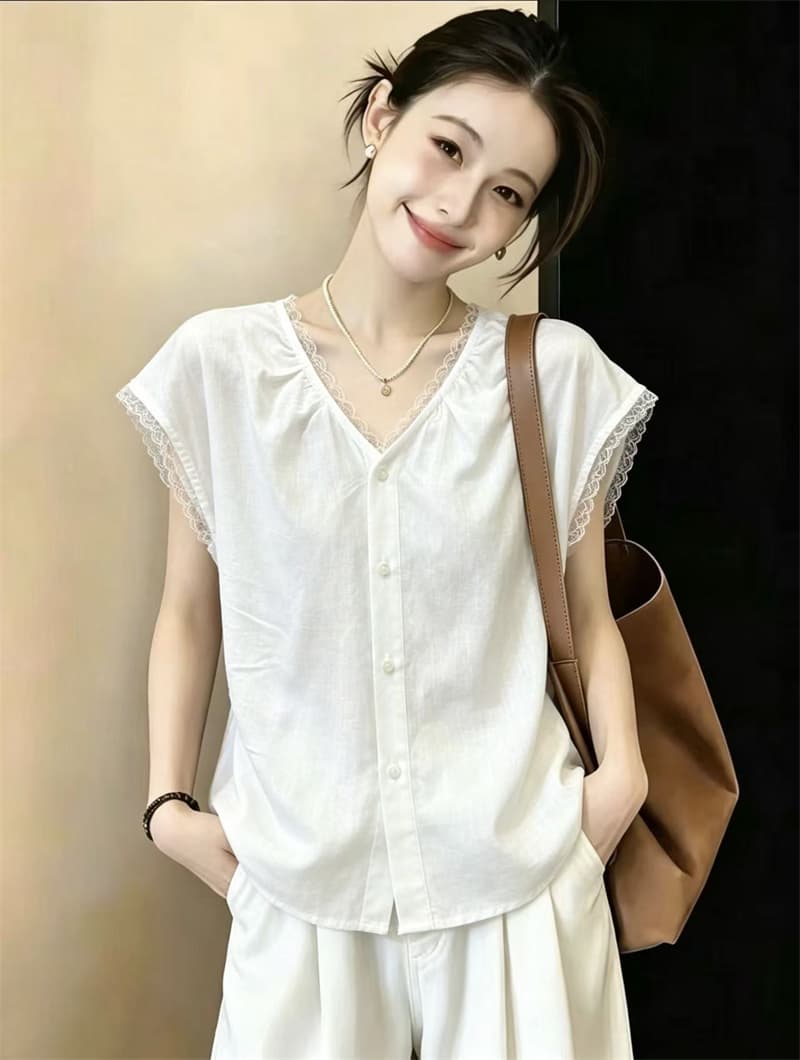 실사 빅 사이즈 여름 새로운 프랑스식 레트로 품격 V넥 여성 셔츠 미니멀리즘 작은 대중 Chic 셔츠 맨위 상세 이미지 4