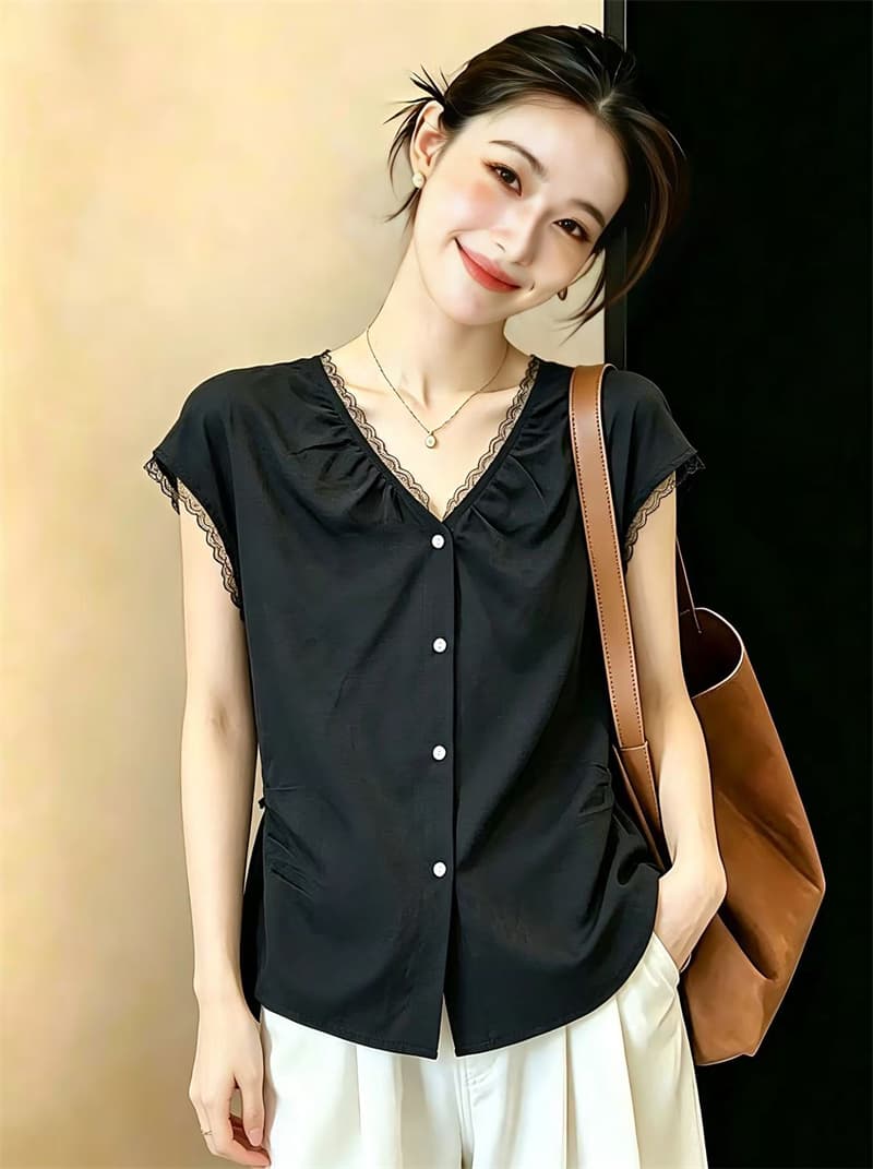 실사 빅 사이즈 여름 새로운 프랑스식 레트로 품격 V넥 여성 셔츠 미니멀리즘 작은 대중 Chic 셔츠 맨위 상세 이미지 7