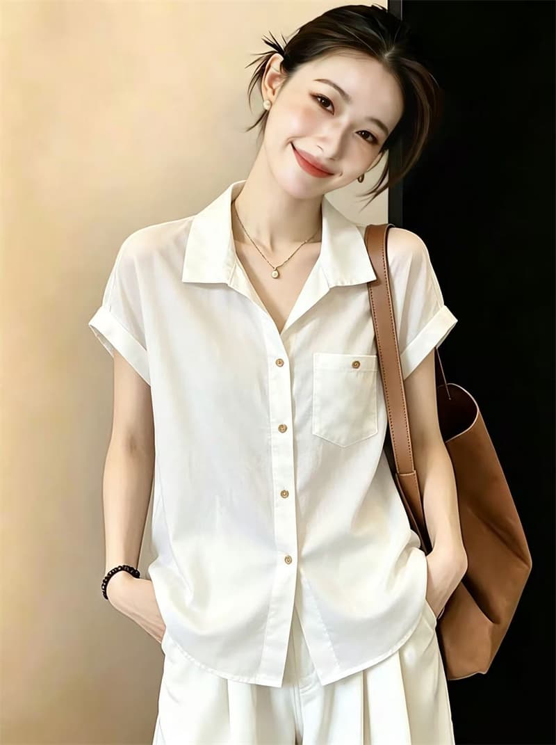 실사 빅 사이즈 화이트 반팔 셔츠 여자 여름 얇은 스타일 출퇴근 착용 가져 가라. 루즈핏 느긋한 느슨함 센스 맨위 여성 이미지 4
