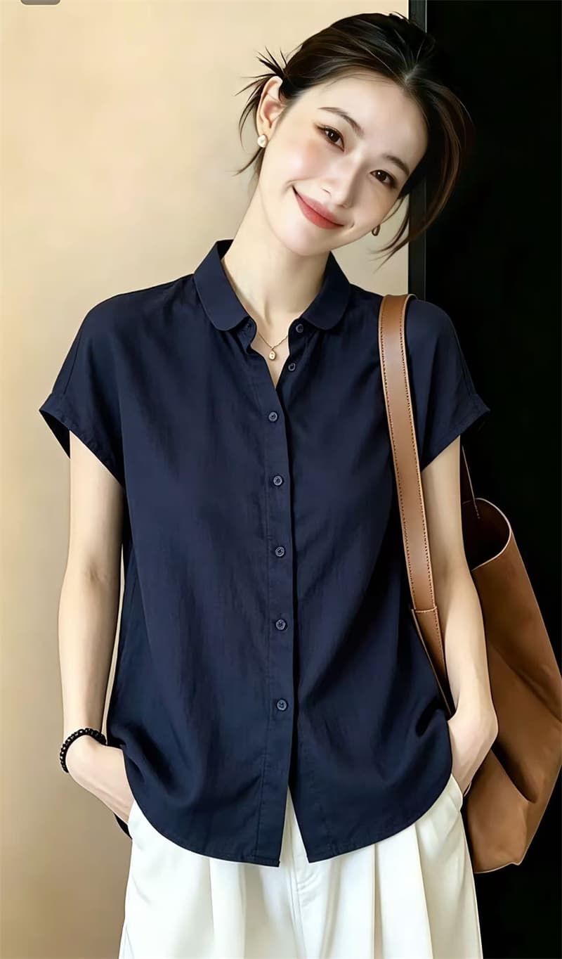 실사 빅 사이즈 반팔 여성 셔츠 여름 새로운 루즈핏 작은 날다 소매 셔츠 캐주얼 미니멀리즘 품격 맨위 이미지 4