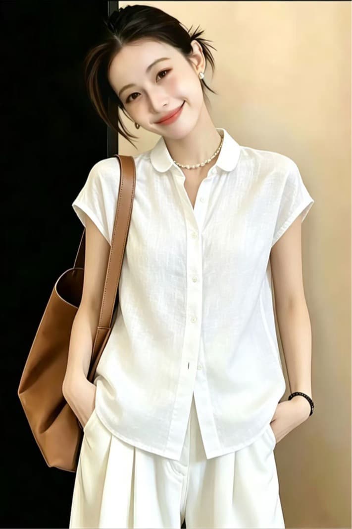 실사 빅 사이즈 반팔 여성 셔츠 여름 새로운 루즈핏 작은 날다 소매 셔츠 캐주얼 미니멀리즘 품격 맨위 이미지 6