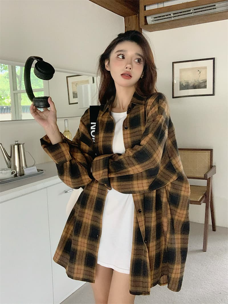 실사 빅 사이즈 2026 가을 의상 새로운 레트로 연삭 털 체크무늬 여성 셔츠 루즈핏 고대 복장 vintage 셔츠 상세 이미지 2
