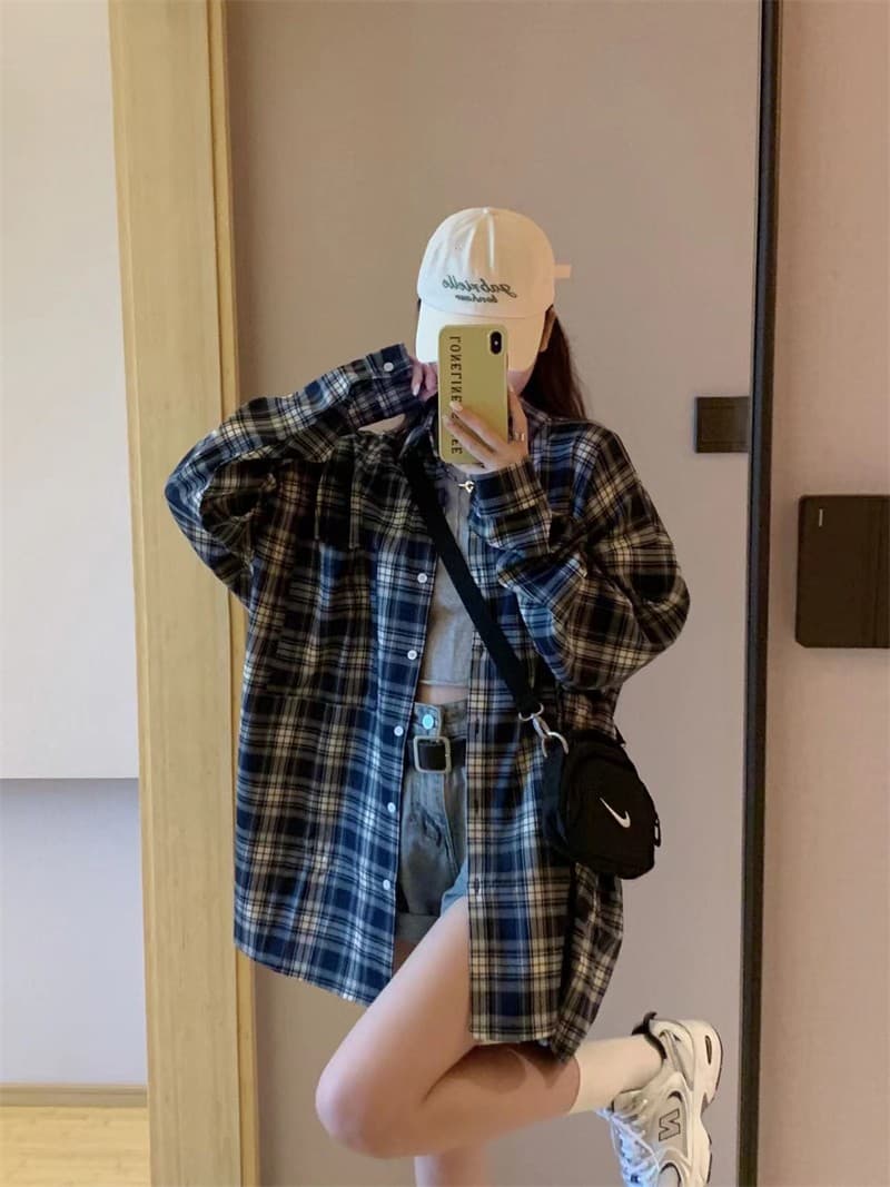 실사 빅 사이즈 가을 의상 체크무늬 여성 코트 레트로 홍콩 느낌 셔츠 루즈핏 외출용 오픈 가디건 ins 트렌디 상세 이미지 4