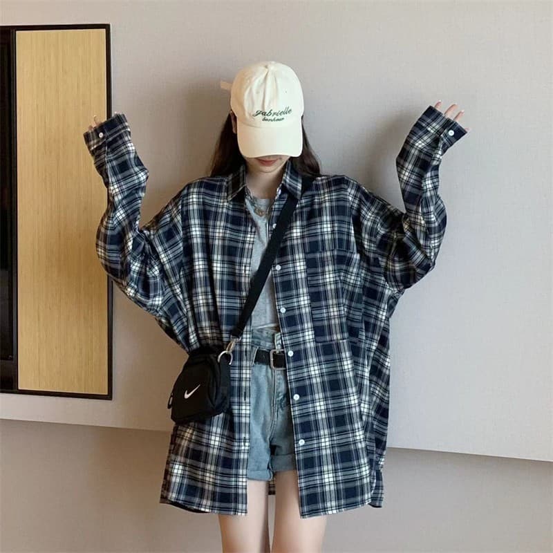실사 빅 사이즈 가을 의상 체크무늬 여성 코트 레트로 홍콩 느낌 셔츠 루즈핏 외출용 오픈 가디건 ins 트렌디 상세 이미지 6