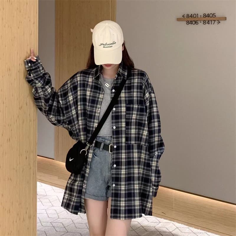 실사 빅 사이즈 가을 의상 체크무늬 여성 코트 레트로 홍콩 느낌 셔츠 루즈핏 외출용 오픈 가디건 ins 트렌디 상세 이미지 9