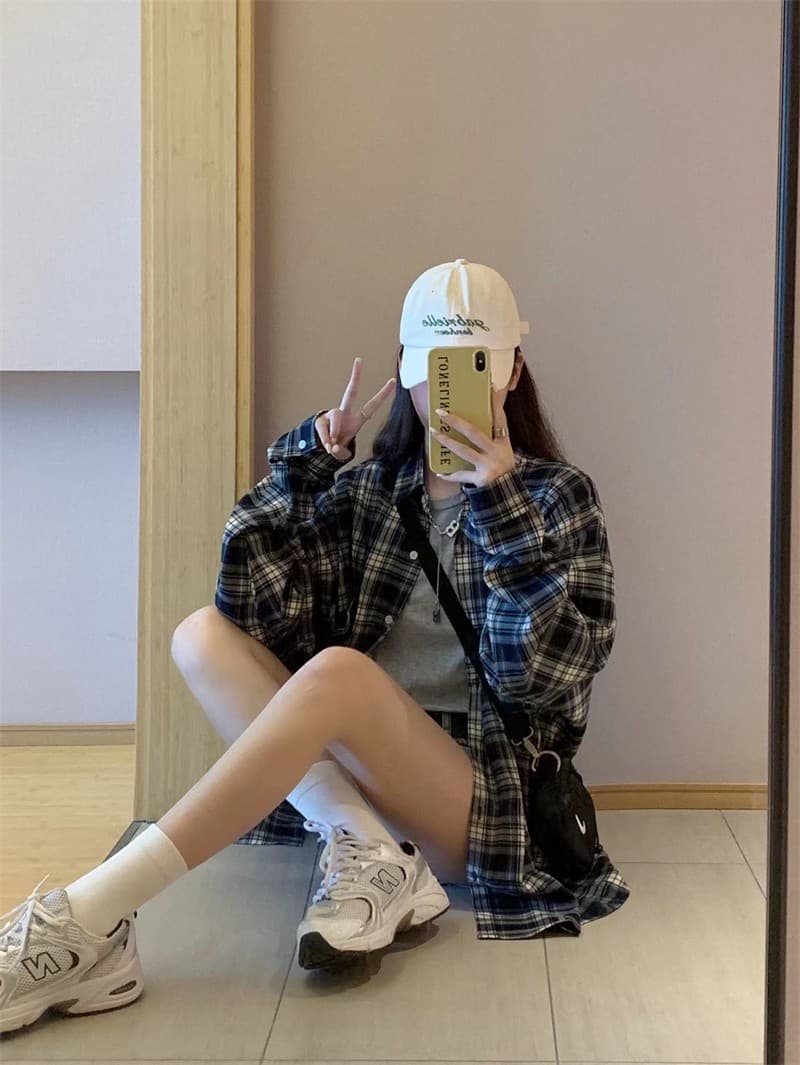 실사 빅 사이즈 가을 의상 체크무늬 여성 코트 레트로 홍콩 느낌 셔츠 루즈핏 외출용 오픈 가디건 ins 트렌디 상세 이미지 11