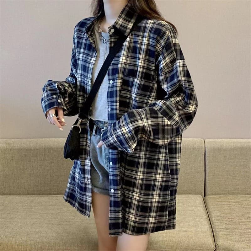 실사 빅 사이즈 가을 의상 체크무늬 여성 코트 레트로 홍콩 느낌 셔츠 루즈핏 외출용 오픈 가디건 ins 트렌디 상세 이미지 17