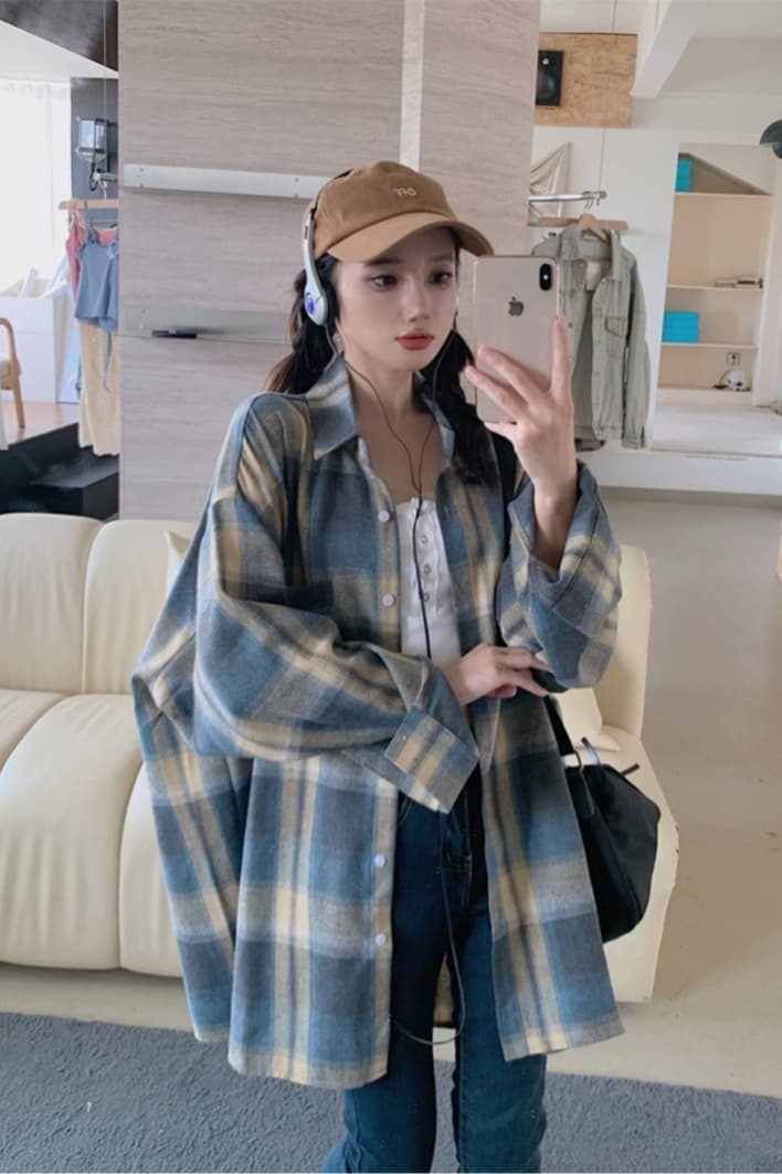 실사 빅 사이즈 아메리칸 레트로 가을 의상 격자 무늬 셔츠 여성 긴 소매 루즈핏 느긋한 바람 셔츠 재킷 이미지 6