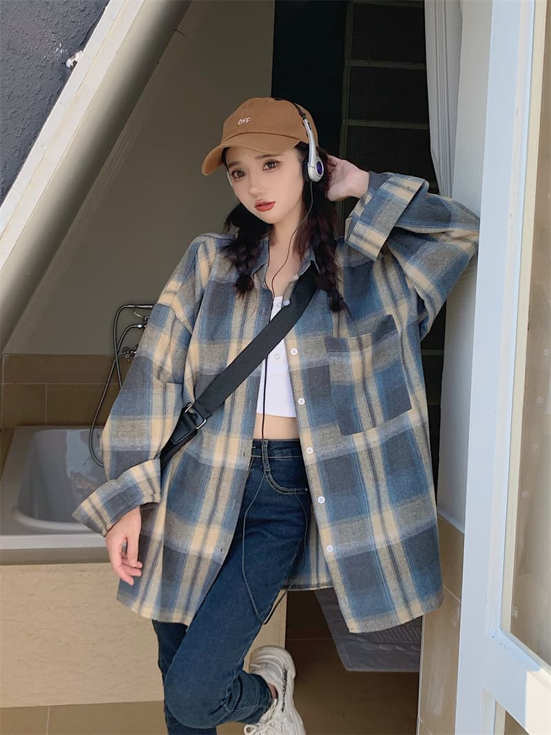 실사 빅 사이즈 아메리칸 레트로 가을 의상 격자 무늬 셔츠 여성 긴 소매 루즈핏 느긋한 바람 셔츠 재킷 상세 이미지 4