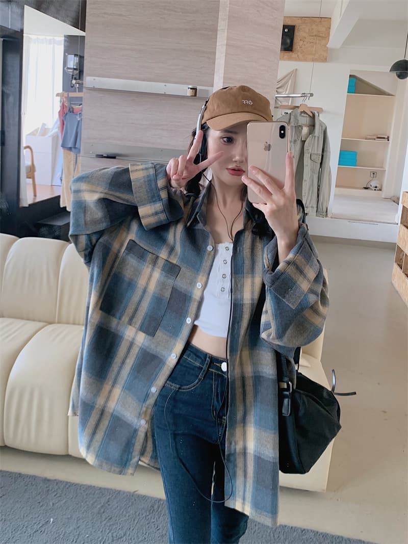 실사 빅 사이즈 아메리칸 레트로 가을 의상 격자 무늬 셔츠 여성 긴 소매 루즈핏 느긋한 바람 셔츠 재킷 상세 이미지 8