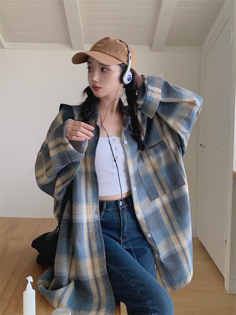 실사 빅 사이즈 아메리칸 레트로 가을 의상 격자 무늬 셔츠 여성 긴 소매 루즈핏 느긋한 바람 셔츠 재킷 상세 이미지 10
