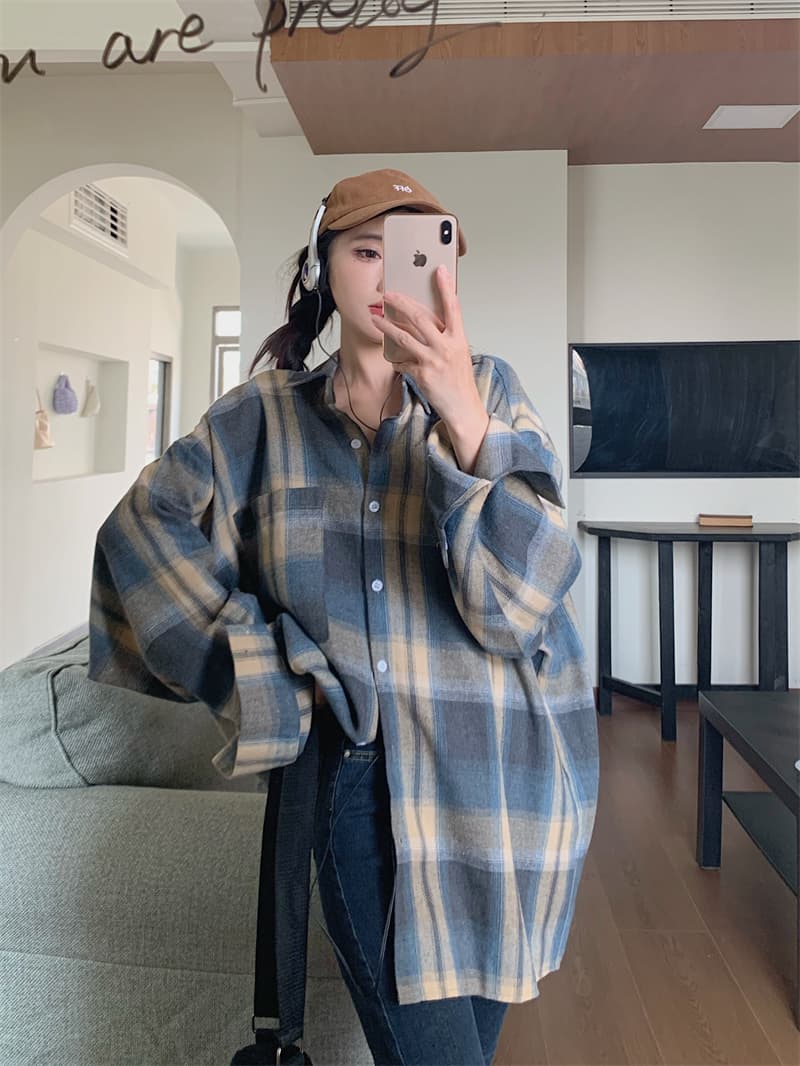 실사 빅 사이즈 아메리칸 레트로 가을 의상 격자 무늬 셔츠 여성 긴 소매 루즈핏 느긋한 바람 셔츠 재킷 상세 이미지 12