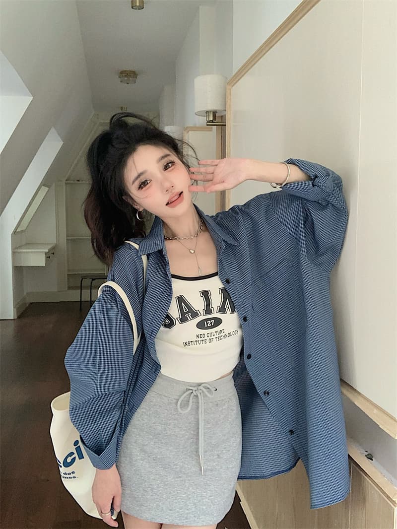 실사 빅 사이즈 2026 느긋한 바람 긴팔 파란색 체크무늬 여성 셔츠 루즈핏 오픈 가디건 셔츠 캐주얼 재킷 맨위 상세 이미지 6
