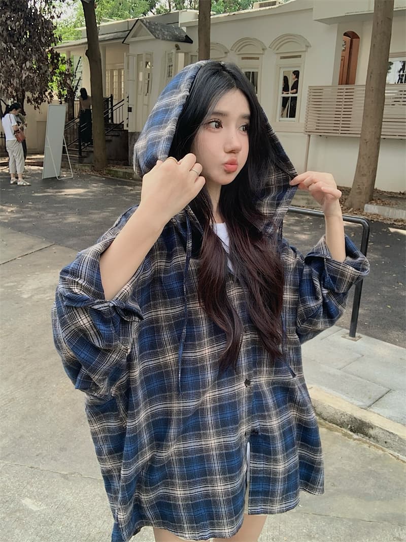 실사 빅 사이즈 배색 체크무늬 아메리칸 후드 긴팔 여성 셔츠 레트로 거리 루즈핏 캐주얼 POLO 셔츠 조수 브랜드 상세 이미지 6
