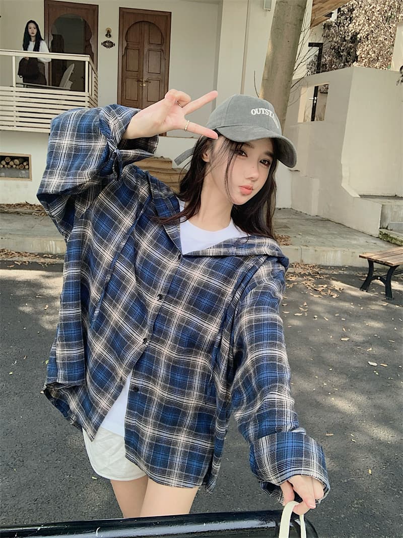 실사 빅 사이즈 배색 체크무늬 아메리칸 후드 긴팔 여성 셔츠 레트로 거리 루즈핏 캐주얼 POLO 셔츠 조수 브랜드 상세 이미지 13