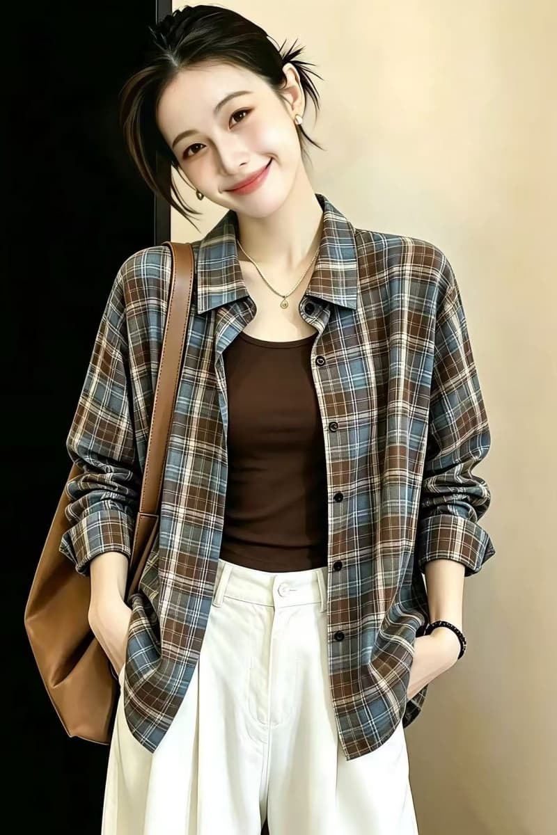 실사 여성 셔츠 2026 가을 의상 새로운 캐주얼 다용도 체크무늬 루즈핏 슬림해 보이는 폴로 칼라 긴팔 셔츠 상세 이미지 3