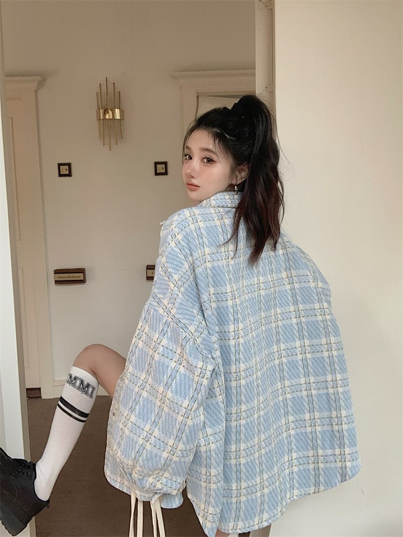 실사 빅 사이즈 가을 의상 격자 무늬 셔츠 여성 코트 루즈핏 작은 샤넬 스타일 셔츠 고급 센스 느긋한 바람 폴로 칼라 맨위 상세 이미지 8