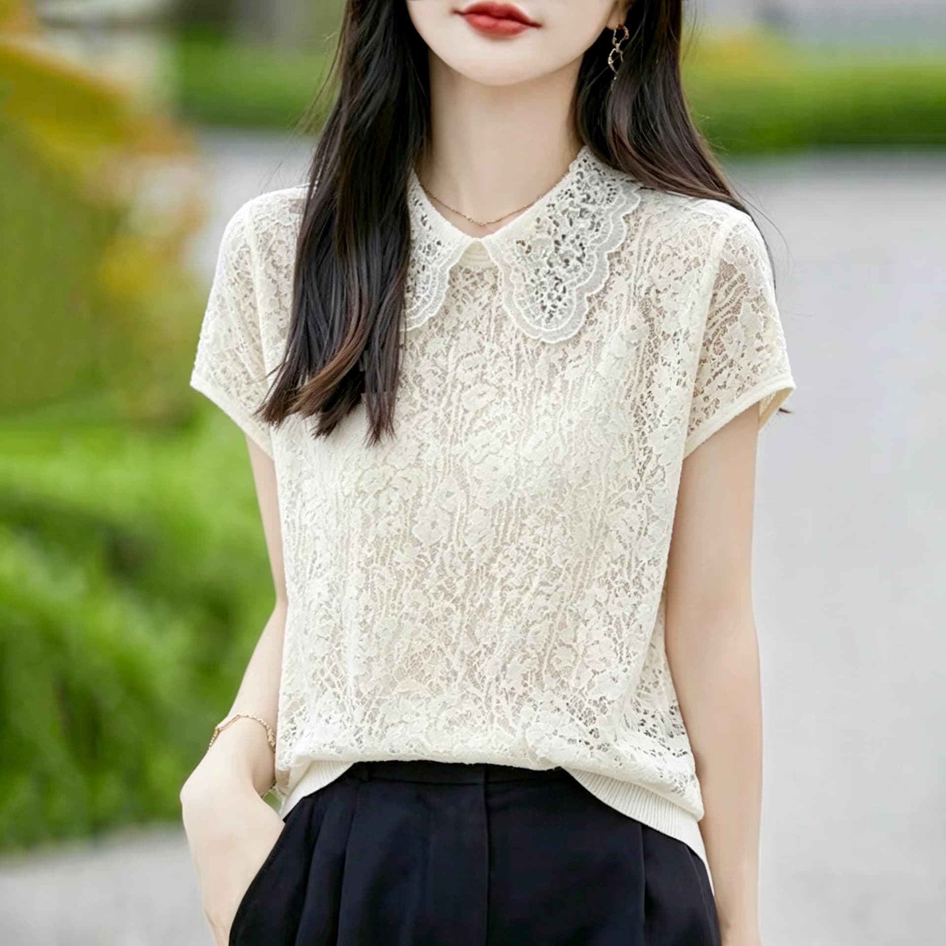 실사 베이비 칼라 양 니트 반팔 여성 셔츠 디자인 센스 작은 대중 레트로 품격 얇은 스타일 홀로우 아웃 자카드 작은 셔츠