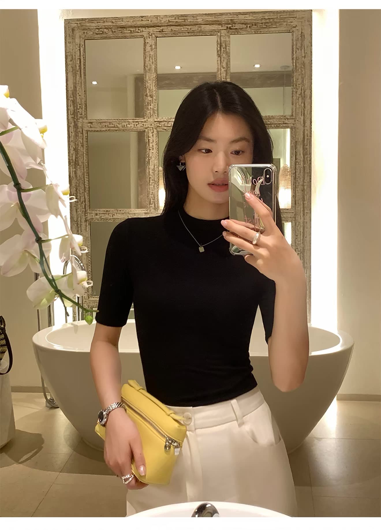 pusumede 반하이넥 검정색 반팔 티셔츠 여성 봄 가을 반소매 기본 셔츠 몸매 가꾸기 슬림해 보이는 니트 맨위 상세 이미지 6