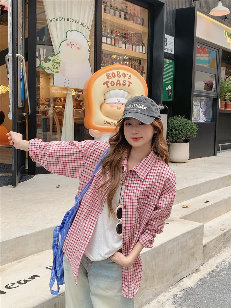 실사 정가 감소되지 않음 한국 스타일 루즈핏 다용도 긴팔 격자 무늬 셔츠 이미지 4