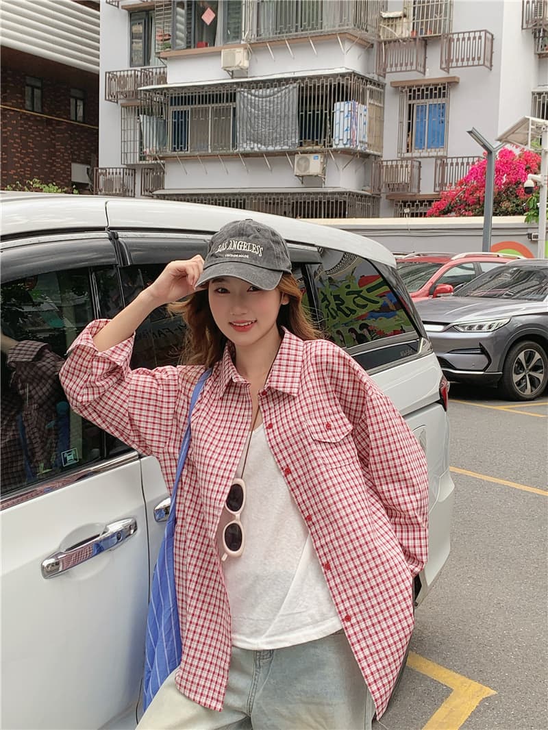 실사 정가 감소되지 않음 한국 스타일 루즈핏 다용도 긴팔 격자 무늬 셔츠 상세 이미지 9