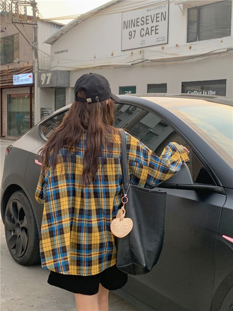 실사 정가 감소되지 않음 한국 스타일 새로운 루즈핏 다용도 캐주얼 배색 체크무늬 긴팔 셔츠 상세 이미지 3